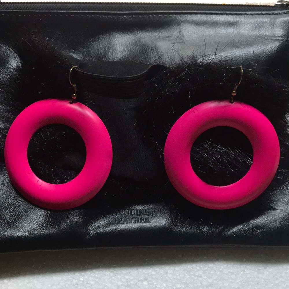Fashion PINK Bright DISCO 2” Pierced Earrings Neon Cool 70’s Style Hook Pierced